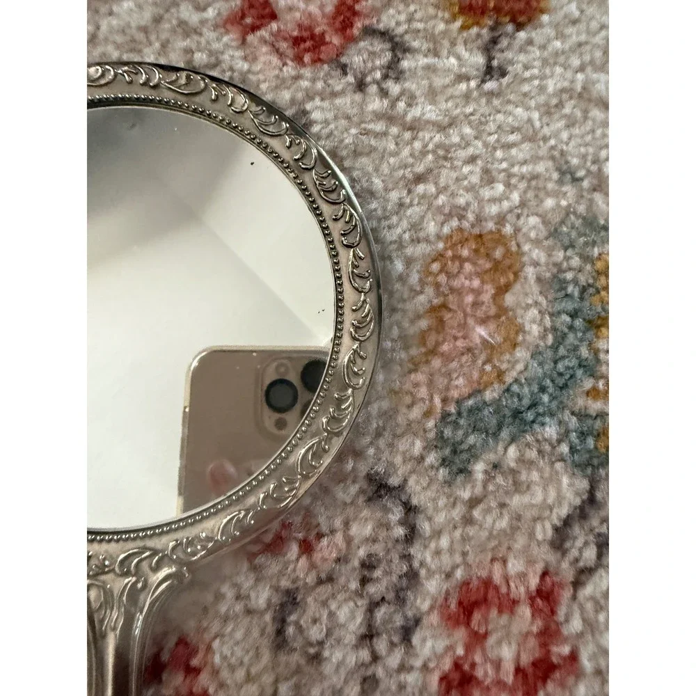 Vintage Silver Ornate Floral Repousse Hand Mirror Victorian Style Vanity Decor